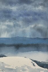 Rule 34 | 2others, blue sky, cliff, cloud, cloudy sky, day, highres, mouen tw, mountain, mountainous horizon, multiple others, original, painting (medium), scenery, sky, snow, traditional media, watercolor (medium)
