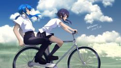 Rule 34 | 1boy, 1girl, 2021, alternate costume, bandana, bicycle, black eyes, black footwear, black hair, black legwear, black pants, black skirt, blue eyes, blue hair, blue sky, closed mouth, cloud, collared shirt, commentary request, contemporary, dated, day, fire emblem, fire emblem: genealogy of the holy war, from side, grass, larcei (fire emblem), long hair, looking away, miniskirt, multiple riders, nintendo, open mouth, outdoors, pants, pleated skirt, ponytail, riding, riding bicycle, school uniform, seliph (fire emblem), shirt, shoes, shoochiku bai, short hair, short hair with long locks, short sleeves, sidelocks, signature, skirt, sky, smile, tongue, twitter username, uniform, white bandana, white shirt