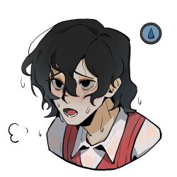 Rule 34 | 1boy, anyu0, black hair, breath, collared shirt, cropped shoulders, don&#039;t starve, hair between eyes, hair down, highres, looking afar, male focus, open mouth, red vest, shirt, simple background, solo, tongue, vest, water drop, wet, wet hair, white background, white shirt, wilson (don&#039;t starve)