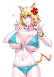 Rule 34 | 1girl, absurdres, animal ear fluff, animal ears, antenna hair, bare arms, bare shoulders, bikini, bikini pull, blonde hair, blue bikini, blue eyes, breasts, bright pupils, cat ears, cat girl, cat tail, clothes pull, collarbone, covered erect nipples, cowboy shot, fingernails, flower, front-tie top, green nails, grin, hair between eyes, hair flower, hair ornament, hands up, heart, hibiscus, highres, large breasts, legs together, maruyama rui, mole, mole on breast, nail polish, navel, original, pulling own clothes, red flower, short hair, simple background, skindentation, smile, solo, speech bubble, spoken heart, swimsuit, tail, thick eyebrows, thighs, underboob, white background, white pupils