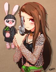 Rule 34 | 1girl, absurdres, blush, breasts, brown eyes, brown hair, choker, cleavage, coat, cosplay, flower pot, furry, furry male, gun, handgun, highres, holding, holding flower pot, holding gun, holding pistol, holding weapon, idolmaster, idolmaster (classic), leon the professional, long hair, looking at viewer, mathilda lando, mathilda lando (cosplay), messy hair, midriff, minase iori, pistol, rabbit, revolver, small breasts, stuffed animal, stuffed rabbit, stuffed toy, sunglasses, swbyoun, tagme, trench coat, weapon