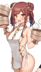 Rule 34 | 1girl, absurdres, alt text, alternate hairstyle, bamboo steamer, baozi, bare shoulders, blush, breasts, china dress, chinese clothes, cleavage cutout, clothing cutout, commentary request, deep skin, double bun, dress, dumpling, earrings, food, hair bun, hair ornament, highres, idolmaster, idolmaster shiny colors, jewelry, long hair, looking at viewer, medium breasts, no bra, no panties, open mouth, osaki amana, pelvic curtain, red hair, sideboob, simple background, skindentation, sleeveless, sleeveless dress, smile, solo, standing, swept bangs, transparent background, twintails, wanimaru, white dress, yellow eyes