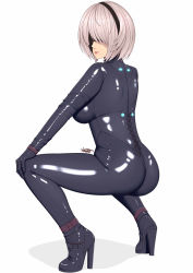 Rule 34 | 1girl, ass, black blindfold, black bodysuit, black footwear, black gloves, blindfold, bodysuit, breasts, gantz, gantz suit, gloves, high heels, highres, large breasts, lips, looking back, mole, mole under mouth, nier (series), nier:automata, parted lips, ryu seung, solo, squatting, white background, white hair, 2b (nier:automata)