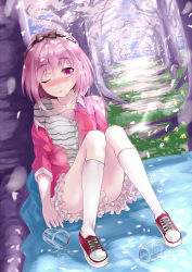 Rule 34 | 1girl, aldehyde, bad id, bad pixiv id, blush, bow, cup, day, dress, full body, glass, hairband, jacket, looking at viewer, off shoulder, one eye closed, open mouth, original, outdoors, pink eyes, pink hair, shoes, short hair, sitting, skirt, sneakers, socks, solo, tree, white socks, wink