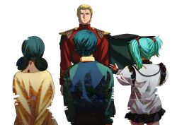 Rule 34 | 2boys, 2girls, arms at sides, arms behind back, black cape, black pants, black skirt, blonde hair, blood, blood on hands, blue eyes, bow, cape, char&#039;s counterattack, char aznable, closed mouth, commentary request, digital dissolve, double bun, dress, facing away, floating cape, green hair, green sweater, gundam, hair bow, hair bun, highres, jacket, kamille bidan, kogetoriten 999, lalah sune, long sleeves, military jacket, mobile suit gundam, multiple boys, multiple girls, outstretched arms, pants, pleated skirt, quess paraya, raglan sleeves, red bow, red jacket, short hair, simple background, skirt, spoilers, sweater, twintails, white background, white jacket, yellow dress, zeta gundam