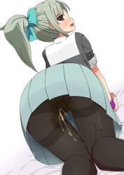 Rule 34 | 1girl, all fours, ass, bed sheet, black pantyhose, black shirt, blue bow, blue skirt, blush, bow, brown eyes, dutch angle, embarrassed, female focus, from behind, green hair, hair bow, hair ornament, half-closed eyes, kantai collection, knees together feet apart, looking at viewer, looking back, minamimachi naname, open mouth, panties, panties under pantyhose, pantyhose, peeing, peeing self, pleated skirt, ponytail, shirt, short sleeves, simple background, skirt, solo, tears, teeth, thighband pantyhose, underwear, upskirt, wet, wet clothes, wet panties, white background, wristband, yellow panties, yuubari (kancolle)