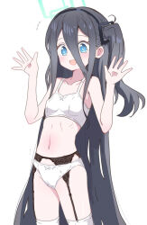Rule 34 | 1girl, aris (blue archive), black hair, blue archive, blue eyes, blush, bra, breasts, garter belt, garter straps, hair between eyes, halo, hands up, highres, itamochi, long hair, looking at viewer, navel, open mouth, panties, side ponytail, simple background, small breasts, solo, thighhighs, underwear, very long hair, white background, white bra, white panties, white thighhighs