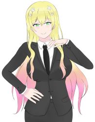 Rule 34 | 1girl, bad id, bad pixiv id, blonde hair, breasts, collared shirt, estherelaitea, flower, formal, gradient hair, green eyes, hair flower, hair ornament, highres, hololive, long hair, momosuzu nene, multicolored hair, shirt, solo, standing, suit, virtual youtuber, white background