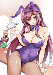 Rule 34 | 3girls, alternate costume, animal ears, apron, blonde hair, bow, bowtie, breasts, champagne flute, cleavage, cocktail glass, covered navel, cup, detached collar, drinking, drinking glass, drinking straw, enmaided, fake animal ears, fate/grand order, fate (series), food, hair between eyes, head wings, high heels, highres, ice cream, leotard, long hair, maid, maid apron, maid headdress, multiple girls, official alternate costume, pantyhose, parted lips, playboy bunny, ponytail, purple hair, rabbit ears, rabbit tail, red eyes, scathach (fate), scathach (piercing bunny) (fate), scathach skadi (fate), sezok, shaker, smile, strapless, strapless leotard, sweater, tail, thrud (fate), valkyrie (fate), wings, wrist cuffs