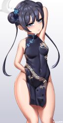 Rule 34 | absurdres, armpits, black dress, black hair, blue archive, blush, breasts, butterfly hair ornament, china dress, chinese clothes, cleft of venus, double bun, dragon print, dress, grey eyes, hair bun, hair ornament, halo, highres, kisaki (blue archive), no panties, pelvic curtain, side slit, skin tight, small breasts, thick thighs, thighs, yuzun404