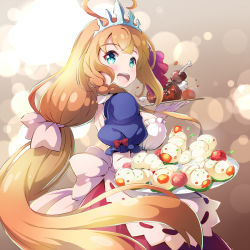 Rule 34 | 1girl, :d, ahoge, apron, aqua eyes, back bow, blush, boned meat, bow, braid, breasts, cowboy shot, food, from side, gloves, gradient background, hair bow, holding, holding plate, large breasts, lens flare, long hair, looking at viewer, looking to the side, low ponytail, maggot, meat, nitchi, open mouth, pecorine (princess connect!), pink bow, plate, princess connect!, puffy short sleeves, puffy sleeves, red bow, red skirt, round teeth, short sleeves, side braid, skirt, smile, solo, teeth, tiara, upper teeth only, very long hair, white apron, white bow, white gloves