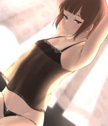 Rule 34 | 1girl, armpits, arms up, babydoll, black panties, blush, brown eyes, brown hair, commentary request, curtains, dutch angle, flat chest, groin, highres, kantai collection, lingerie, looking at viewer, navel, panties, see-through, shoes, short hair, solo, tama (tamago), underwear, underwear only, z3 max schultz (kancolle)