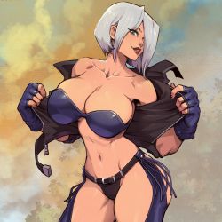 Rule 34 | 1girl, absurdres, angel (kof), bare shoulders, blue eyes, bra, breasts, chaps, cleavage, collarbone, cosmetics, cropped jacket, danusko, eyelashes, fingerless gloves, fingernails, gloves, hair over one eye, highres, jacket, large breasts, leather, leather jacket, lips, lipstick, looking at viewer, makeup, mexico, nail polish, navel, red lips, red nails, smile, snk, solo, strapless, strapless bra, the king of fighters, the king of fighters 2001, the king of fighters xiv, toned, underwear