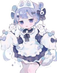 Rule 34 | 1girl, animal bag, animal ears, apron, bandaid, bandaid hair ornament, big head, black bow, black ribbon, blue bow, blunt bangs, blush, bow, breasts, checkered bow, checkered clothes, commentary, cotono (nazekun), dots, dress, feet out of frame, frilled apron, frilled dress, frills, ghost ornament, gradient bow, hair bow, hair ears, hair ornament, half-closed eyes, highres, knees together feet apart, long hair, looking at viewer, maid apron, maid headdress, multiple hair bows, neck ribbon, open mouth, original, pink bow, purple bow, purple dress, purple eyes, purple hair, rabbit bag, rabbit ears, ribbon, sharp teeth, short eyebrows, sidelocks, signature, simple background, sleeve bow, small breasts, solo, sparkle, standing, teeth, thick eyebrows, thigh strap, twintails, upper teeth only, very long hair, very long sleeves, white background, white bow, white sleeves, white tail