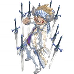 Rule 34 | 1boy, allen (gate of nightmares), belt, blonde hair, brown belt, clenched hand, coat, facial mark, from above, gate of nightmares, hand in pocket, hand tattoo, highres, horns, long coat, looking at viewer, mashima hiro, multiple swords, official alternate costume, official art, one eye closed, open clothes, open coat, open mouth, pants, print coat, purple shirt, shirt, shoes, short hair, simple background, solo, spiked hair, standing, sword, tattoo, teeth, tongue, tongue out, transparent background, weapon, white coat, white footwear, white pants