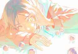 Rule 34 | 1boy, black hair, character print, closed mouth, fingernails, grey hair, haikyuu!!, hand up, head on table, head rest, holding, holding toy, jacket, kozume kenma, long sleeves, looking at viewer, male focus, marble (toy), miko (15476997), multicolored hair, one eye covered, red jacket, short hair, simple background, smile, solo, toy, two-tone hair, upper body, white background, yellow eyes