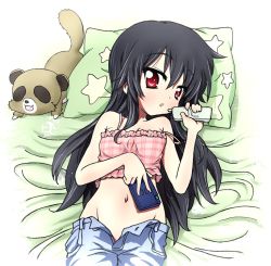 Rule 34 | 00s, bare shoulders, bed, black hair, blush, handheld game console, long hair, lucky star, lying, navel, nintendo ds, no panties, open clothes, open fly, open mouth, open shorts, phone, red eyes, shorts, stuffed animal, stuffed toy, tank top, unzipped, wakase izumi