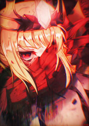 Rule 34 | 1girl, blonde hair, breasts, crown, dragon claw, dragon girl, facial mark, fate/grand order, fate (series), gem, halterneck, hand in own hair, highres, looking at viewer, nero claudius (fate), nero claudius (fate) (all), one eye covered, queen draco (fate), queen draco (second ascension) (fate), red background, red eyes, red ribbon, revealing clothes, ribbon, robe, scales, shiushiu kurauneru plus, small breasts, upper body, white robe