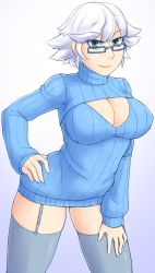 Rule 34 | 1girl, breasts, cleavage, cleavage cutout, clothing cutout, glasses, green eyes, highres, ittla, large breasts, leaning forward, legs, looking at viewer, meme attire, open-chest sweater, short hair, smile, solo, standing, sweater, thick thighs, thighhighs, thighs, white hair, wide hips