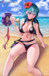 Rule 34 | 1girl, achromaru, arm support, beach, bikini, black bikini, breasts, byleth (female) (fire emblem), byleth (female) (summer) (fire emblem), byleth (fire emblem), cleavage, cloud, day, feet out of frame, fire emblem, fire emblem: three houses, fire emblem heroes, flower, green hair, hair flower, hair ornament, hand up, highres, holding, horizon, knife, large breasts, medium hair, nintendo, official alternate costume, outdoors, red flower, sand, shiny clothes, single bare shoulder, sitting, smile, swimsuit, watermark, web address