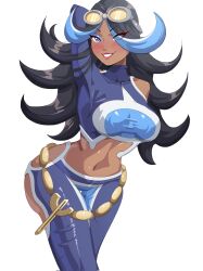 Rule 34 | 1girl, absurdres, arm at side, arm up, big hair, black hair, blue eyes, blue eyeshadow, blue hair, blush, bodysuit, breasts, chain belt, clothing cutout, creatures (company), dark-skinned female, dark skin, diving suit, exceedxatu, eyeshadow, game freak, goggles, goggles on head, hair over eyes, highres, large breasts, lipstick, long hair, looking at viewer, makeup, midriff, multicolored hair, nintendo, pokemon, pokemon oras, red lips, shelly (pokemon), shoulder cutout, smile, solo, team aqua, team aqua uniform, thigh cutout, thigh gap, two-tone hair, upper body, wetsuit, white background