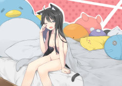 Rule 34 | 1girl, animal ears, bed, black hair, breasts, brown eyes, cat ears, convenient censoring, drooling, fhang, hair censor, hair over breasts, highres, long hair, navel, nude, one eye closed, open mouth, original, rubbing eyes, saliva, sitting, sleepy, solo, stuffed toy, tail, tears, yawning