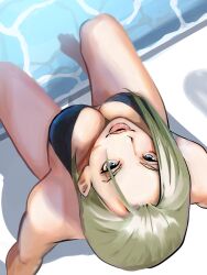 Rule 34 | 1girl, bikini, blonde hair, breasts, cammy white, cleavage, from above, highres, large breasts, lipse, meke (77842928), pool, poolside, short hair, street fighter, street fighter 6, swimsuit, water