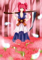 Rule 34 | 1girl, bad id, bad pixiv id, breasts, cleavage, dress, female focus, flower, forest, gomi, hair bobbles, hair ornament, large breasts, nature, onozuka komachi, outdoors, plant, red eyes, red hair, scythe, short hair, solo, spider lily, touhou, twintails, two side up