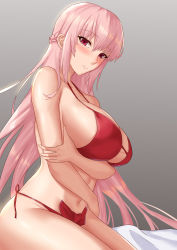 Rule 34 | 1girl, absurdres, bare shoulders, bikini, blush, braid, breasts, cleavage, collarbone, fate/grand order, fate (series), florence nightingale (fate), freed turing, french braid, highres, large breasts, long hair, looking at viewer, navel, pink hair, red bikini, red eyes, solo, swimsuit, thighs