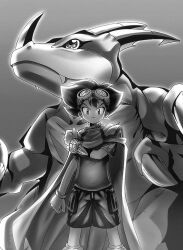 Rule 34 | cape, digimon, digimon (creature), digimon adventure v-tamer 01, dragon, gloves, goggles, goggles on head, looking at viewer, short hair, v-dramon, yagami taichi (digimon adventure v-tamer 01)