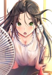 Rule 34 | 1girl, all fours, bare arms, bare shoulders, blush, breasts, brown hair, cleavage, dress, earrings, fan speaking, floating hair, green eyes, hand fan, hot, jewelry, large breasts, long hair, looking at viewer, mappaninatta, open mouth, original, see-through, solo, sweat, teeth, upper teeth only, white dress