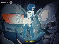 Rule 34 | 1980s (style), 1boy, animated, animated gif, anime coloring, animification, arbiter, armor, artificial intelligence, artist name, ass, ass shake, black legwear, blue eyes, blue hair, blue hologram, blue skin, bluethebone, blush, breasts, cleavage, colored skin, commentary, cortana, dancing, fake screenshot, green armor, halo (game), halo (series), halo 2, halo 3, hologram, huge filesize, large breasts, looking at viewer, looking back, master chief, oldschool, reflective visor, retro artstyle, sangheili, short hair, signature, silver armor, smile, spartan (halo), star (symbol), subtitled, thighhighs, thighs