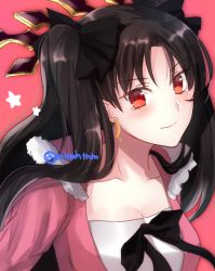 Rule 34 | 1girl, black hair, blush, breasts, cleavage, close-up, closed mouth, fate/grand order, fate (series), fur trim, highres, ishtar (fate), jacket, long hair, looking at viewer, medium breasts, open clothes, open jacket, pink background, pink jacket, red eyes, shirt, simple background, smile, solo, tanaji, tohsaka rin, twitter username, two side up, upper body, v-shaped eyebrows, white shirt