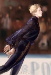 Rule 34 | absurdres, axis powers hetalia, bad id, bad twitter id, black pants, black shirt, blonde hair, blurry, blurry background, closed eyes, closed mouth, cosplay, eyelashes, feet out of frame, floating hair, frilled sleeves, frills, from side, highres, ice skating, leaning forward, long sleeves, male focus, merasgar, pants, profile, russia (hetalia), see-through, see-through sleeves, shirt, skating, solo, sparkle, turtleneck