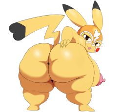 Rule 34 | 1girl, animal, animal ears, ass, ass focus, ass grab, barefoot, breasts, brown eyes, colored skin, cosplay pikachu, creatures (company), eric lowery, eyelashes, fat, female focus, full body, game freak, gen 1 pokemon, hand on own ass, heart, heart-shaped tail, highres, huge areolae, huge ass, huge breasts, huge nipples, large areolae, large breasts, large nipples, long ears, long tail, mask, multicolored skin, multicolored tail, nintendo, nipples, no humans, nude, open mouth, pikachu, pikachu ears, pikachu libre, pikachu tail, plump, pokemon, pokemon (creature), pokemon ears, pokemon tail, seductive smile, sideboob, simple background, smile, solo, spread ass, tail, thick thighs, thighs, two-tone skin, uncensored, white background, wide hips, wrestling mask, yellow fur, yellow skin