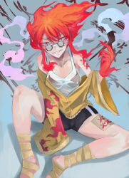 Rule 34 | 1girl, absurdres, arm tattoo, bandaged foot, bandages, black shorts, chinese text, claws, fiery hair, glasses, harry80779192, highres, hood, hoodie, looking at viewer, orange eyes, orange hair, original, oversized clothes, shadow, sharp teeth, shorts, simplified chinese text, sitting, smirk, solo, solo focus, tank top, tattoo, teeth, white tank top, yellow hoodie