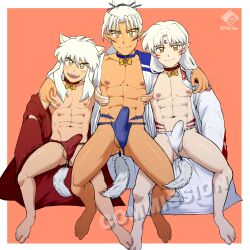 Rule 34 | 0027woo, 3boys, abs, absurdres, aged down, anal tail, ass juice, brothers, bulge, butt plug, collar, erection, erection under clothes, facial mark, fake tail, father and son, fox boy, fundoshi, highres, inu no taishou, inuyasha, inuyasha (character), japanese clothes, kimono, long hair, male focus, multiple boys, muscular, muscular male, nipples, pectorals, pointy ears, ponytail, precum, precum through clothes, sesshoumaru, sex toy, siblings, tail, testicle peek, white hair, yaoi, yellow eyes
