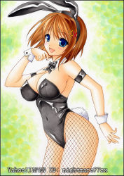 Rule 34 | 00s, 1girl, :d, animal ears, armband, artist name, blue eyes, blush, bow, breasts, brown hair, rabbit ears, rabbit tail, playboy bunny, cleavage, covered navel, detached collar, covered erect nipples, fake animal ears, fishnet pantyhose, fishnets, hair ornament, large breasts, leotard, lyrical nanoha, mahou shoujo lyrical nanoha strikers, marker (medium), millipen (medium), nightmare77zx, open mouth, pantyhose, pastel (medium), short hair, smile, solo, tail, traditional media, wrist cuffs, x hair ornament, yagami hayate