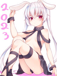 Rule 34 | 1girl, 2023, animal ears, arm up, bare shoulders, black panties, black skirt, black socks, breasts, cameltoe, chinese zodiac, cleft of venus, colored shadow, commentary request, feet out of frame, grey hair, hand on own ear, hand on own ear, highres, knees up, long hair, original, panties, pleated skirt, rabbit ears, revealing clothes, shadow, simple background, sitting, skirt, small breasts, socks, solo, twintails, underwear, very long hair, white background, year of the rabbit, yuku (kiollion)