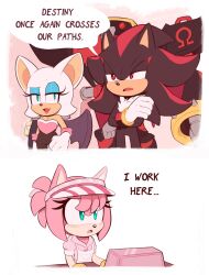Rule 34 | 2boys, 2girls, absurdres, alternate costume, alternate hairstyle, amy rose, animal ears, apron, bat ears, bat wings, black fur, blue eyeshadow, collared shirt, e-123 omega, english text, eyeshadow, furry, furry female, furry male, gloves, green eyes, highres, looking at another, makeup, multiple boys, multiple girls, open mouth, pink fur, pink headwear, pink shirt, red eyes, red fur, rouge the bat, shadow the hedgehog, shirt, sonic (series), speech bubble, striped clothes, striped headwear, toonsite, two-tone fur, visor cap, white apron, white fur, white gloves, white headwear, wings