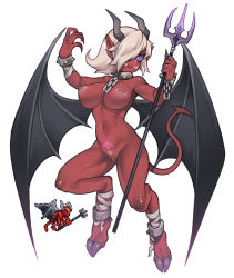 Rule 34 | 1girl, bdsm, black horns, black wings, breasts, chain, claws, collar, colored sclera, colored skin, cuffs, demon girl, demon horns, demon tail, demon wings, female pubic hair, highres, horns, looking at viewer, medium breasts, medium hair, monster girl, nipple piercing, nipples, nude, nyong nyong, one eye covered, personification, piercing, pointy ears, polearm, pubic hair, purple eyes, pussy, pussy piercing, red devil (terraria), red skin, shackles, sharp teeth, slave, solo, tail, tattoo, teeth, terraria, trident, weapon, white hair, wings