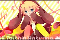 Rule 34 | 1boy, angry, animal ears, asymmetrical legwear, blonde hair, blue eyes, brown coat, brown shorts, candy, child, coat, collared shirt, droopy ears, english text, fake animal ears, fake claws, food, hands on own face, highres, hood, hooded coat, hoodie, kagamine len, leggings, long sleeves, lop rabbit ears, male focus, meranoreuka (naokentak), mismatched legwear, neck ribbon, necktie, open mouth, rabbit ears, ribbon, shirt, short hair, shorts, sitting, solo, surprised, toluthin antenna (vocaloid), very long sleeves, vocaloid, white shirt, yellow necktie, yellow ribbon
