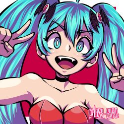 Rule 34 | 1girl, ahoge, bare shoulders, bat hair ornament, black choker, breasts, choker, cleavage, commentary, double v, english commentary, fangs, hair ornament, hatsune miku, highres, medium breasts, open mouth, portrait, red background, reizicherry, smile, solo, twintails, twitter username, v, vocaloid