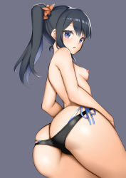 Rule 34 | 10s, 1girl, ass, bikini, bikini under clothes, black hair, blue eyes, blush, breasts, cowboy shot, female focus, from below, gridman universe, long hair, looking at viewer, looking back, looking down, nipples, open mouth, ponytail, purple background, shorts, shoulder blush, side-tie bikini bottom, simple background, skindentation, small breasts, solo, ssss.gridman, swimsuit, takarada rikka, thick thighs, thighs, topless, toshishikisai, wide hips