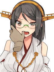 Rule 34 | 10s, 1girl, black eyes, black hair, finger in another&#039;s mouth, glasses, hairband, highres, japanese clothes, kantai collection, kirishima (kancolle), mouth pull, nontraditional miko, r left, rn (radon&#039;ya), short hair, simple background, solo