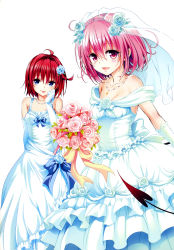 Rule 34 | 10s, 2girls, :p, absurdres, bare shoulders, blue eyes, bouquet, braid, breasts, cleavage, demon tail, dress, elbow gloves, flower, gloves, hair flower, hair ornament, highres, jewelry, kurosaki mea, medium breasts, momo velia deviluke, multiple girls, necklace, pink eyes, pink hair, red hair, scan, short hair, smile, strapless, strapless dress, tail, to love-ru, to love-ru darkness, tongue, tongue out, veil, wedding dress, white dress, white gloves, yabuki kentarou