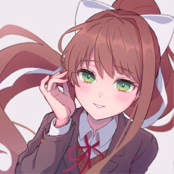 Rule 34 | 1girl, blush, brown hair, commentary, doki doki literature club, green eyes, hair ribbon, hand up, long hair, long sleeves, looking at viewer, m1stm1, monika (doki doki literature club), neck ribbon, parted lips, ponytail, portrait, red ribbon, ribbon, school uniform, simple background, smile, solo, upper body, white background, white ribbon