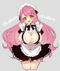 Rule 34 | 1girl, aizono manami, apron, blush, breasts, cleavage, cleavage cutout, clothing cutout, commentary, cropped legs, frills, gloves, grey background, heart, heart-shaped pupils, highres, kan&#039;yu (citron 82), large breasts, long hair, looking at viewer, maid headdress, nijisanji, open mouth, pink hair, puffy short sleeves, puffy sleeves, short eyebrows, short sleeves, simple background, sketch, smile, solo, standing, symbol-shaped pupils, thick eyebrows, very long hair, virtual youtuber, waist apron, wavy hair, white gloves, yellow eyes