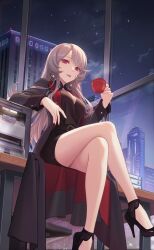 Rule 34 | 1girl, absurdres, black coat, black dress, city, coat, crazy ones, cup, dress, earrings, from below, high heels, highres, holding, holding cup, jewelry, long hair, official art, red eyes, short dress, sitting, solo, stiletto heels, window, xia bing (crazy ones)