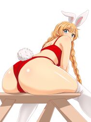 1girl animal_ears ass blonde_hair blue_eyes blush bra everlasting_summer fake_animal_ears highres huyase panties slavya-chan solo thighhighs underwear white_thighhighs